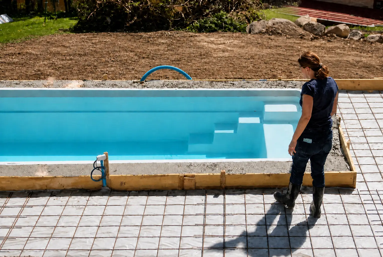 Cynthia Hensch, créatrice d'Acqualis, sur un chantier d'installation d'une piscine coque et d'aménagement des abords