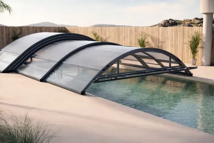 Abri mi-haut télescopique installé autour d’une piscine.