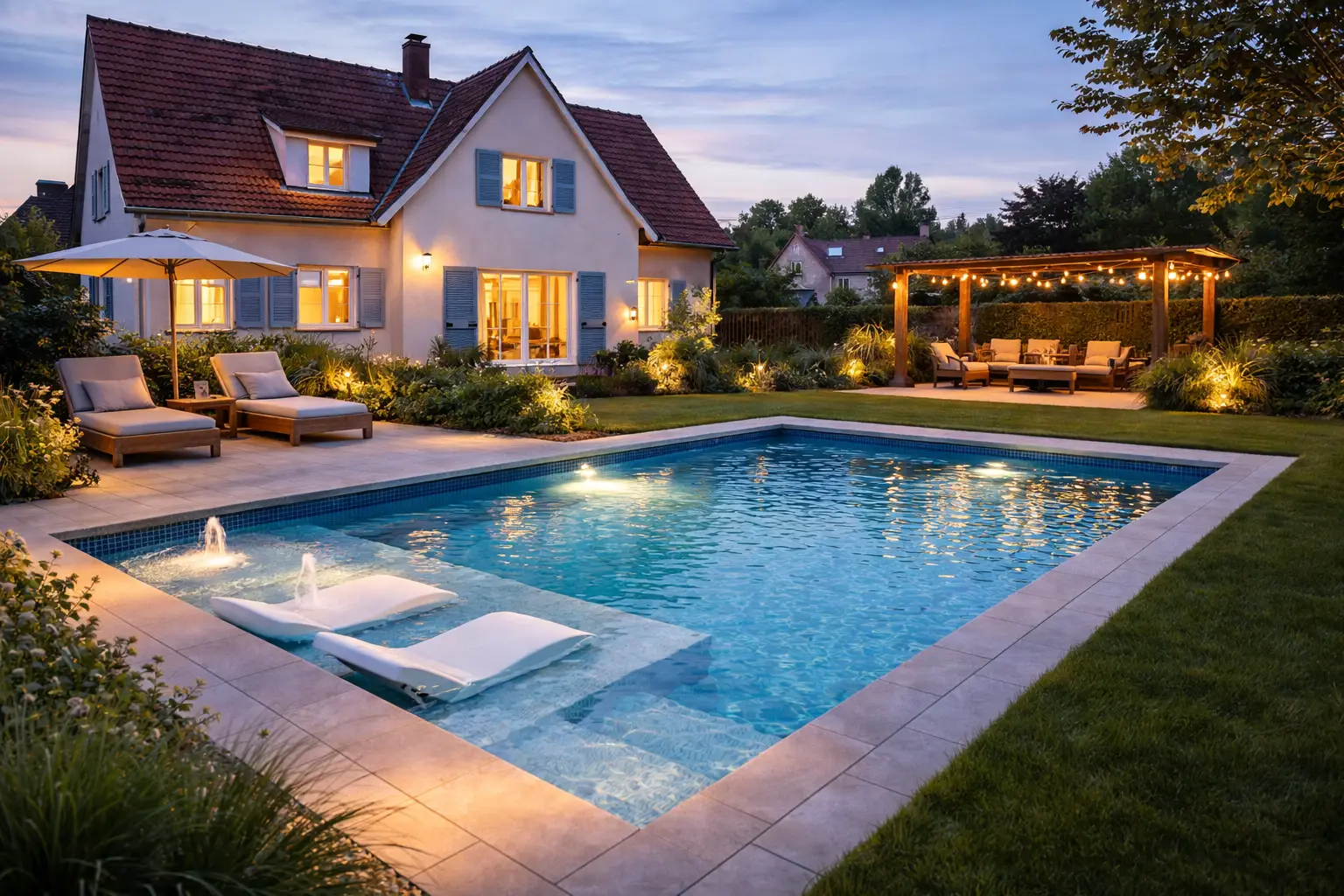 Piscine en béton avec plage immergée, éclairage LED, amanégements extérieurs, dans le Haut-Rhin