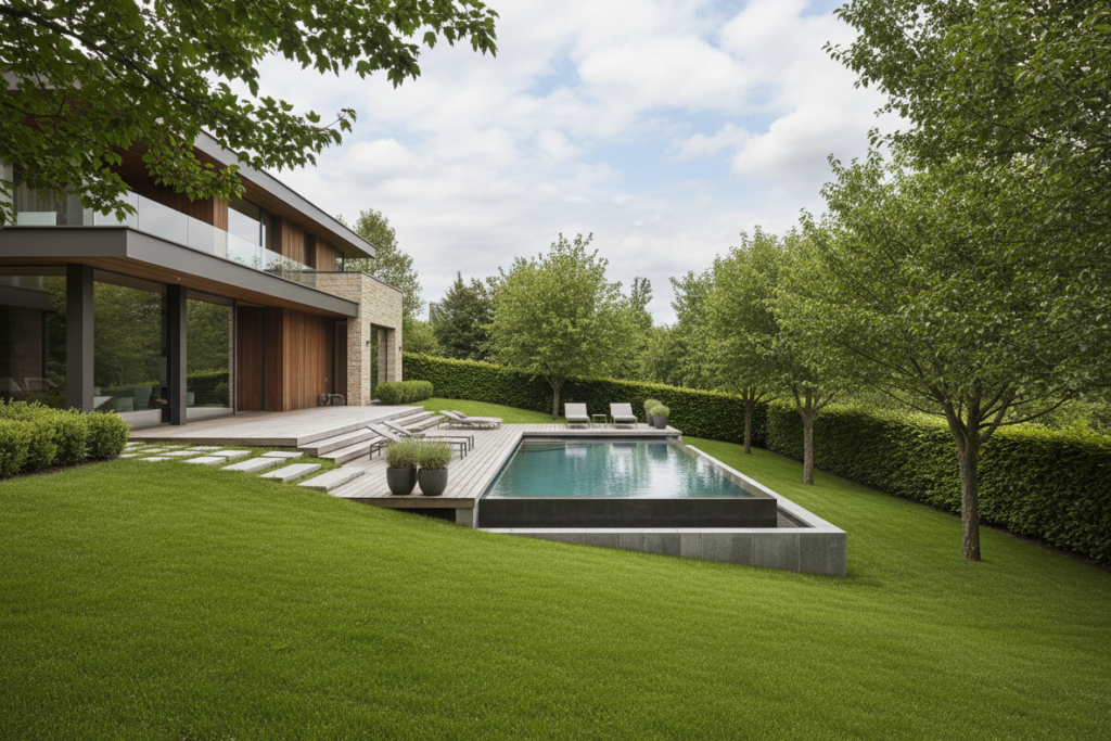 Piscine en béton sur mesure sur terrain en pente