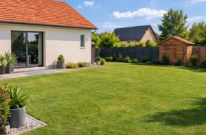 Etape de construction 1 : Jardin de maison sans piscine, étape d'étude de l'implantation de la piscine.