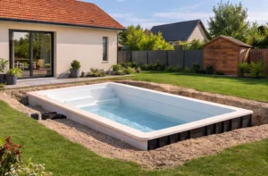Etape de construction 3 : Pose de la structure du bassin, coque ou béton armé.