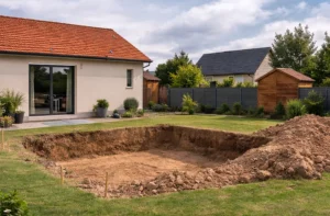 Etape de construction 2 : terrassement effectué dans le jardin pour installation d'une piscine.