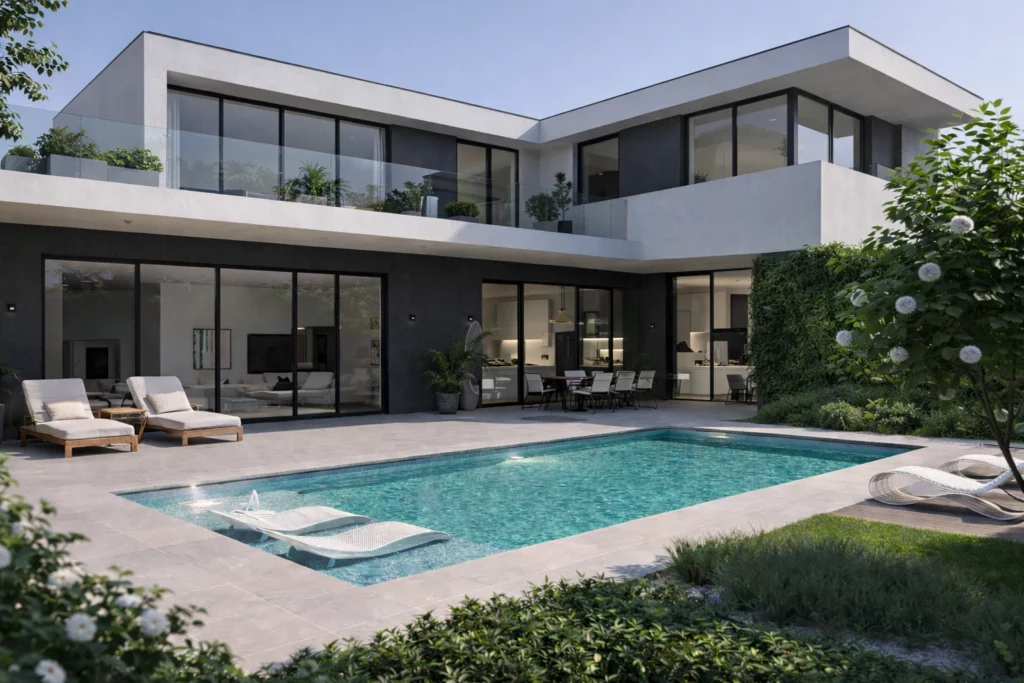 Maison moderne avec piscine en béton sur mesure et plage immergée.