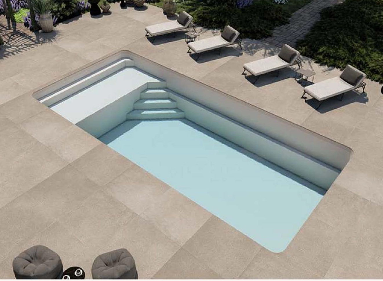 Piscine coque avec contours en dallage