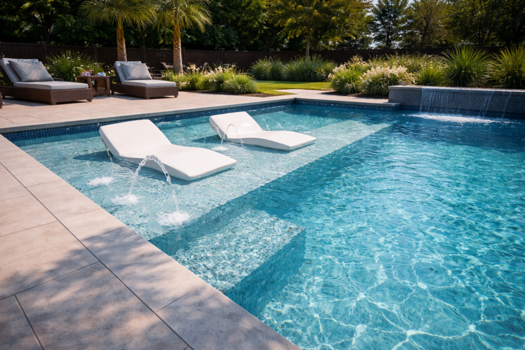 Piscine en béton sur mesure avec plage immergée et cascade. Margelles en pierre.