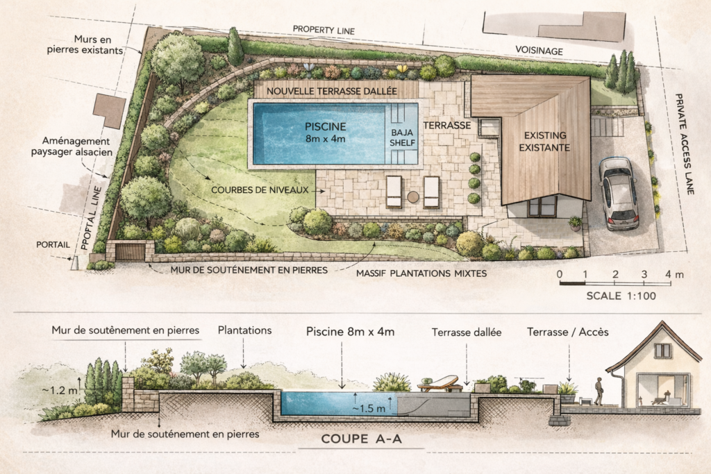 Plan de masse d'un projet de piscine