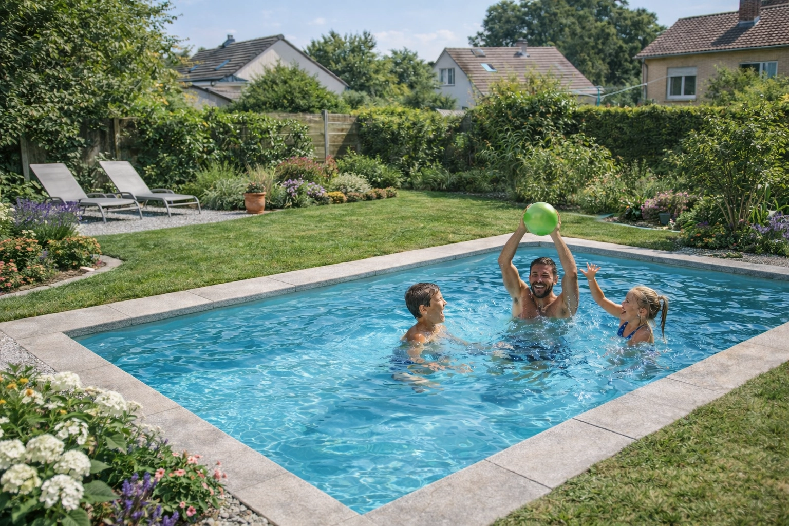 Une famille en train de s'amuser dans une piscine, en été