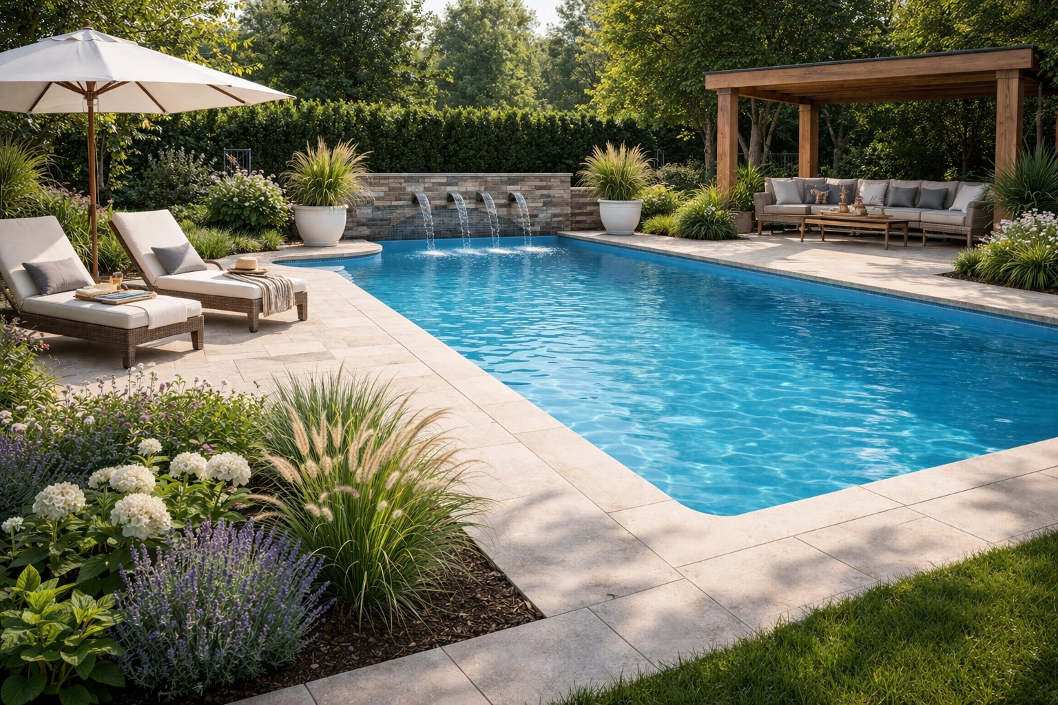 Piscine en béton avec cascades et aménagements extérieurs (margelles en pierre naturelle, terrasse, pergola en bois).