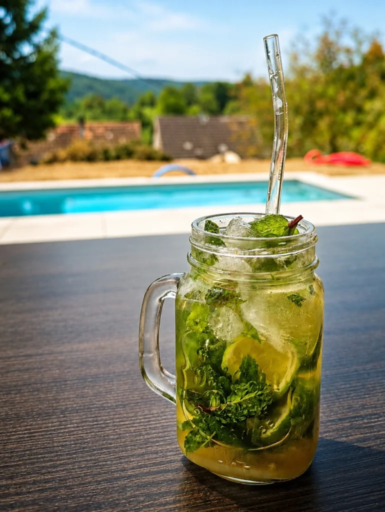 cocktail devant une piscine