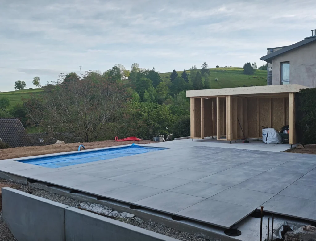 Pose des dalles sur plots de la terrasses
