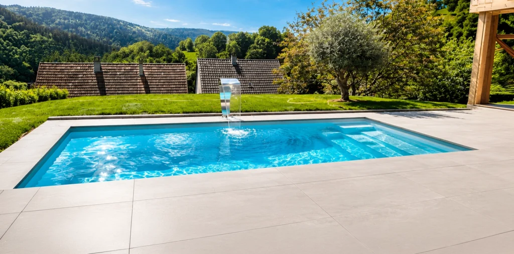 Réalisation d'une piscine coque avec terrasse et aménagements extérieurs à Grendelbruch